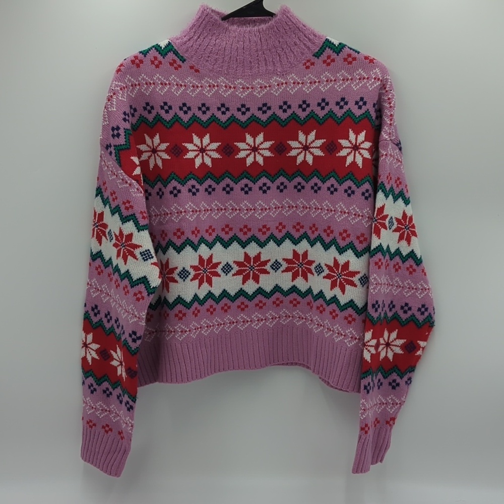 33 Degrees Fair Isles Turtleneck Sweater Women's Medium Purple Fuzzy Cropped